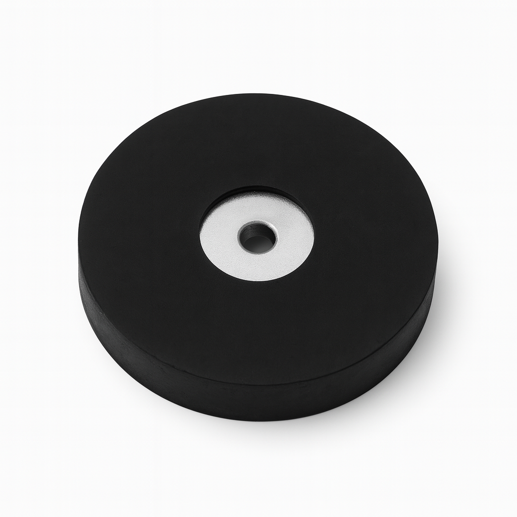 Rubber Coated Neodymium Pot Magnet – (D) 34mm x (H) 8mm | Countersunk 4.5mm Hole