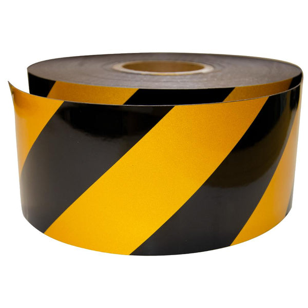 Reflective Magnetic Tape | Hi-Vis Black and Yellow | 100mm x 0.8mm x 45m ROLL - AMF Magnets New Zealand