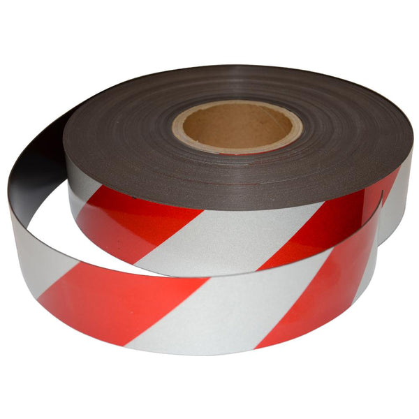 Reflective Magnetic Tape | Hi-Vis Red and White | 50mm x 0.8mm x 45m ROLL - AMF Magnets New Zealand