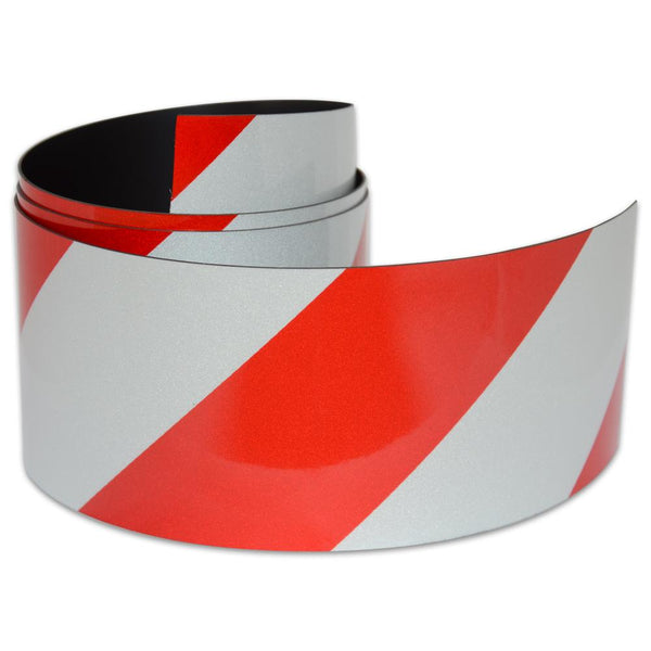 Reflective Magnetic Tape | Hi-Vis Red and White | 75mm x 0.8mm | PER METRE | Supplied As Continuous Length - AMF Magnets New Zealand