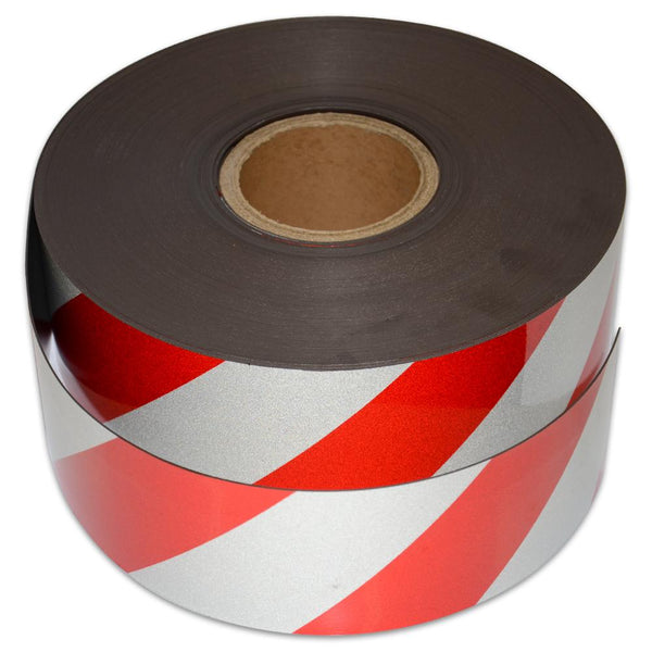 Reflective Magnetic Tape | Hi-Vis Red and White | 75mm x 0.8mm x 45m ROLL - AMF Magnets New Zealand