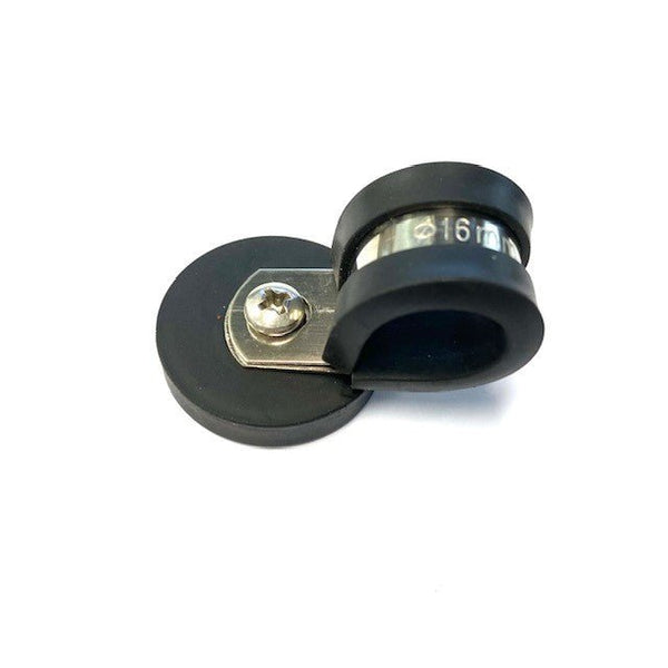 Rubber Coated Neodymium Pot Magnet - Diameter 31mm x 30mm with Rubber-lined P Clamp - AMF Magnets New Zealand