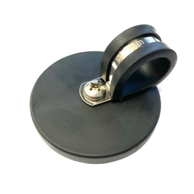 Rubber Coated Neodymium Pot Magnet - Diameter 66mm x 40mm with Rubber-lined P Clamp - AMF Magnets New Zealand