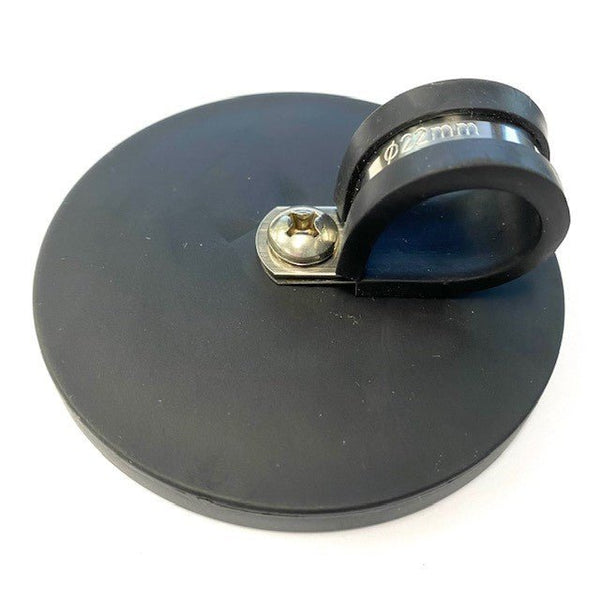 Rubber Coated Neodymium Pot Magnet - Diameter 88mm x 40mm with Rubber-lined P Clamp - AMF Magnets New Zealand